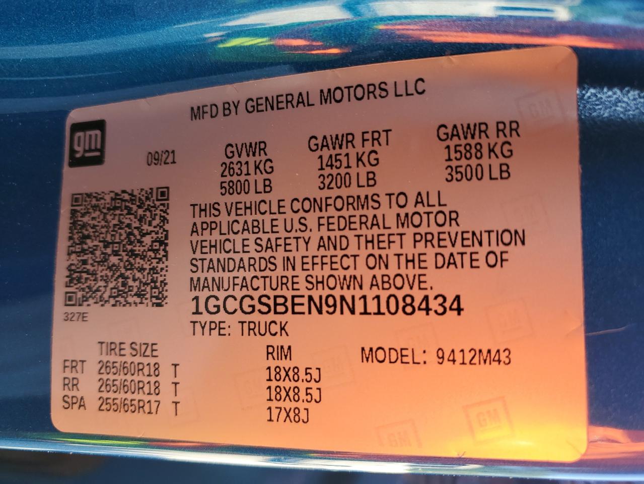 2022 CHEVROLET COLORADO VIN:1GCGSBEN9N1108434