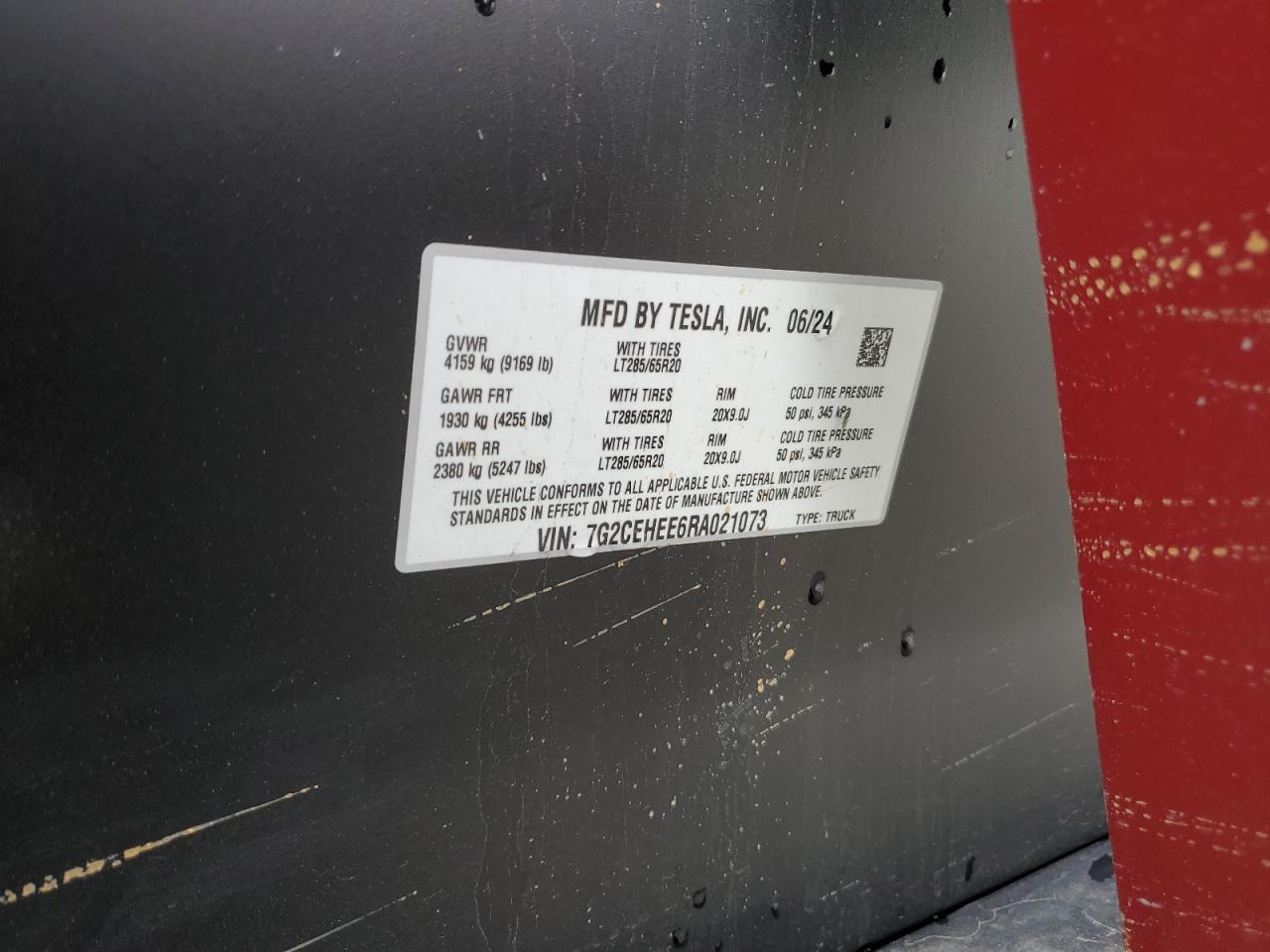 2024 TESLA CYBERTRUCK VIN:7G2CEHEE6RA021073