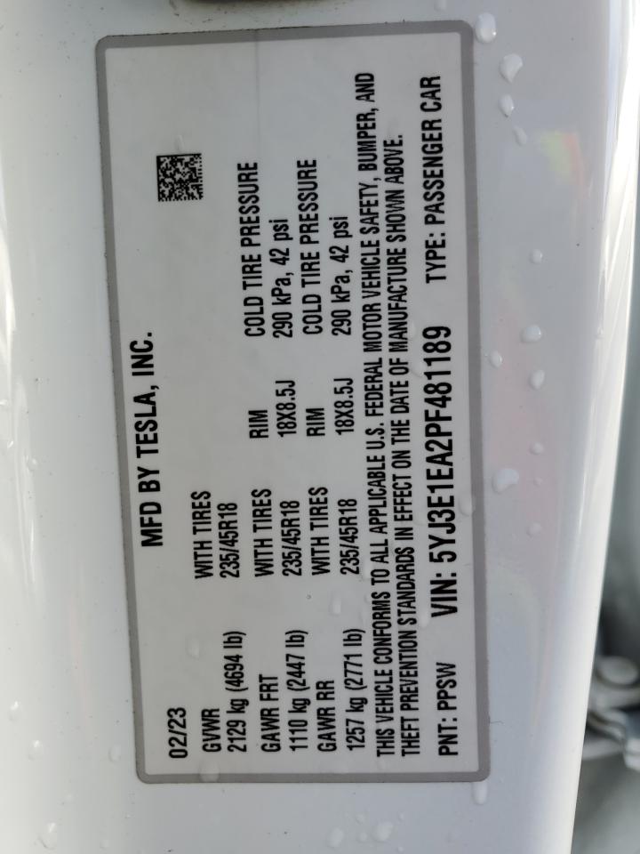 2023 TESLA MODEL 3 VIN:5YJ3E1EA2PF481189