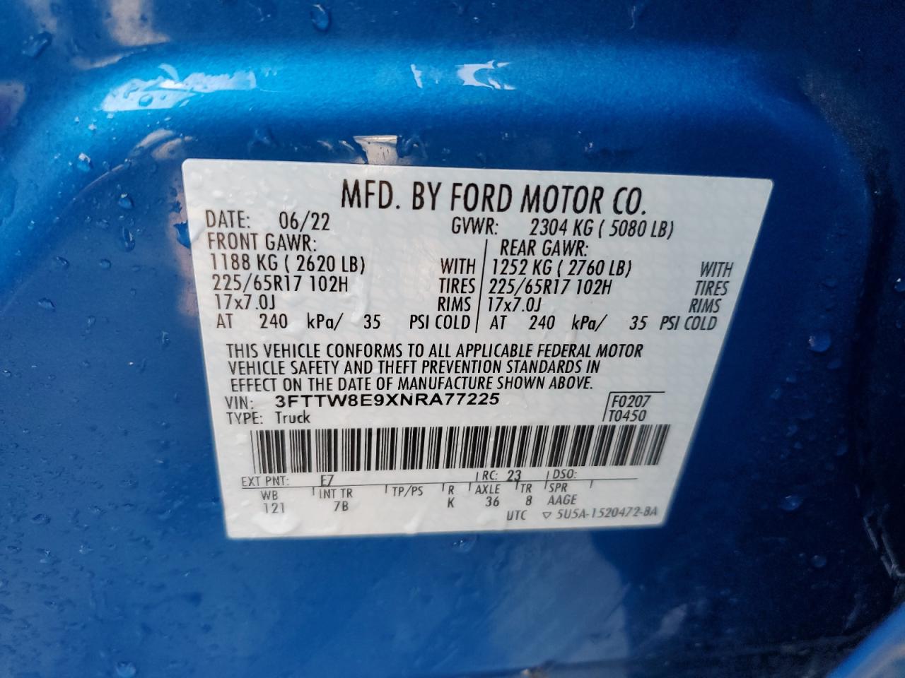 2022 FORD MAVERICK XL VIN:3FTTW8E9XNRA77225