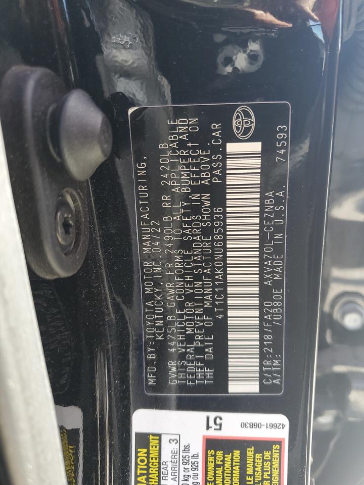 2022 TOYOTA CAMRY LE VIN:4T1C11AK0NU685936