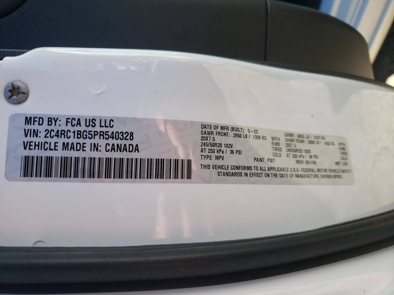 2023 CHRYSLER PACIFICA TOURING L VIN:2C4RC1BG5PR540328