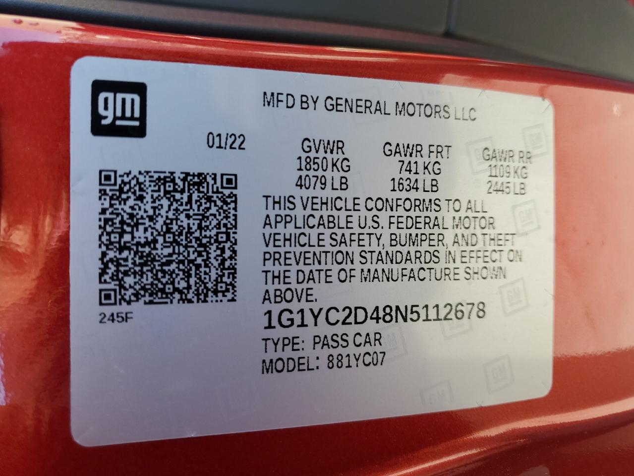 2022 CHEVROLET CORVETTE STINGRAY 3LT VIN:1G1YC2D48N5112678