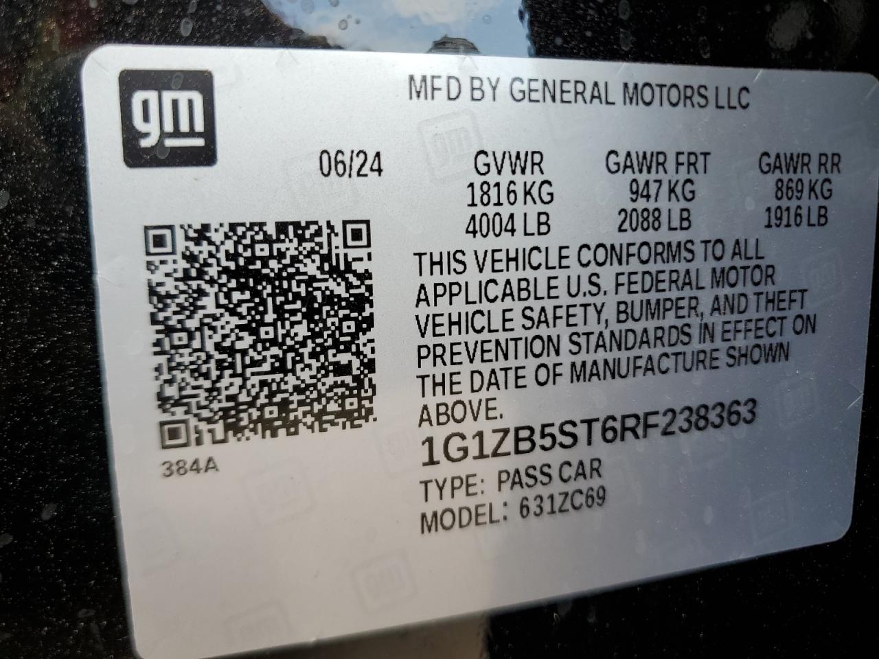 2024 CHEVROLET MALIBU LS VIN:1G1ZB5ST6RF238363