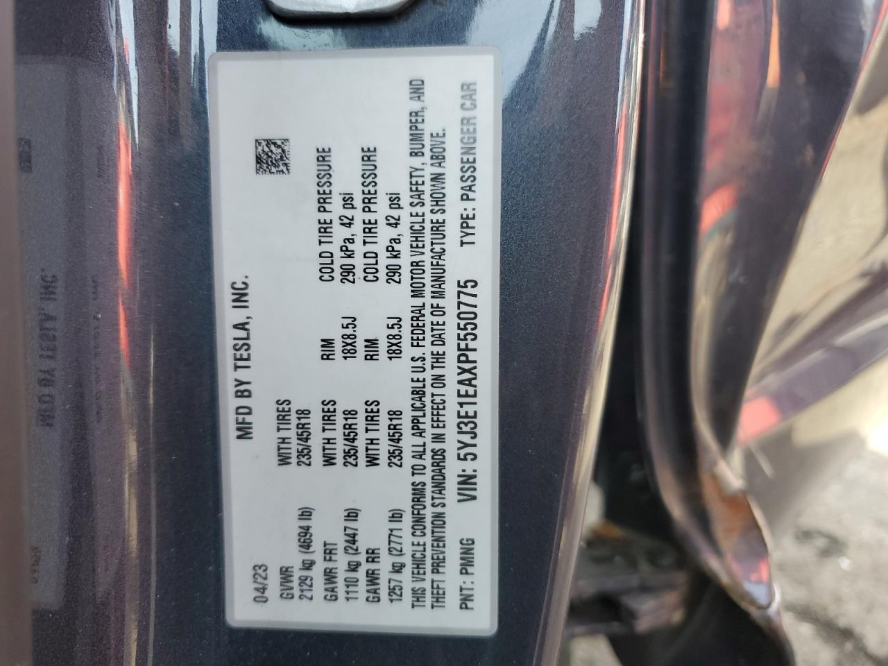 2023 TESLA MODEL 3 VIN:5YJ3E1EAXPF550775