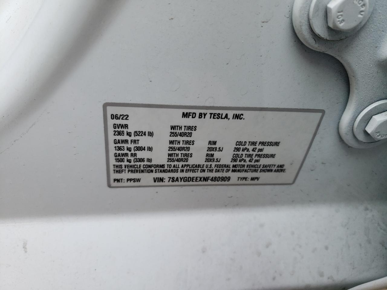 2022 TESLA MODEL Y VIN:7SAYGDEEXNF480909