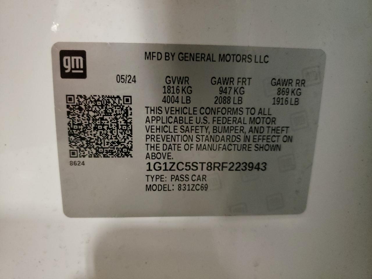 2024 CHEVROLET MALIBU LS VIN:1G1ZC5ST8RF223943