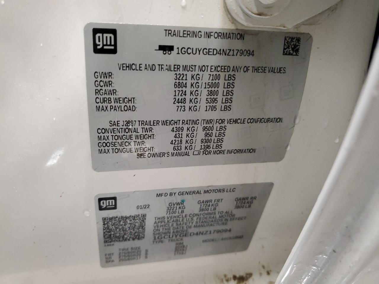 2022 CHEVROLET SILVERADO LTD K1500 LTZ VIN:1GCUYGED4NZ179094