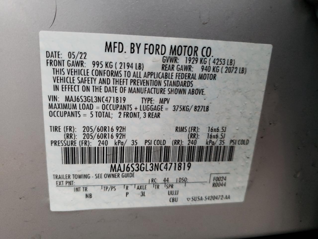 2022 FORD ECOSPORT SE VIN:MAJ6S3GL3NC471819