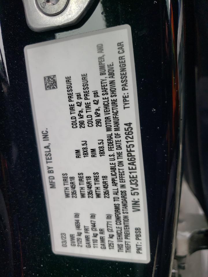 2023 TESLA MODEL 3 VIN:5YJ3E1EA6PF512654