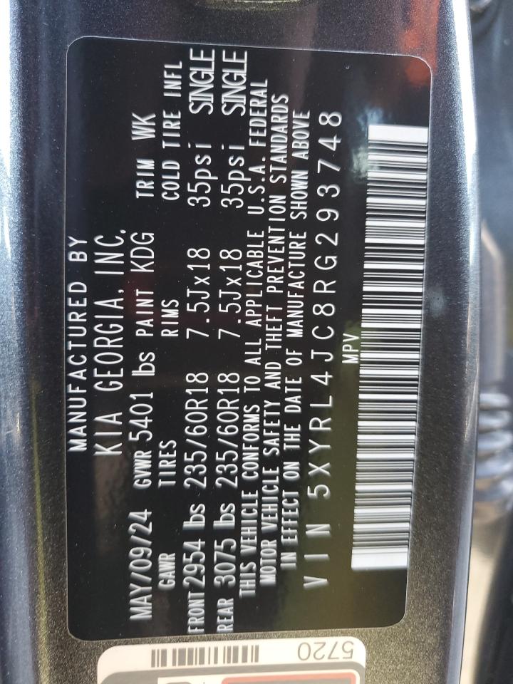 2024 KIA SORENTO S VIN:5XYRL4JC8RG293748