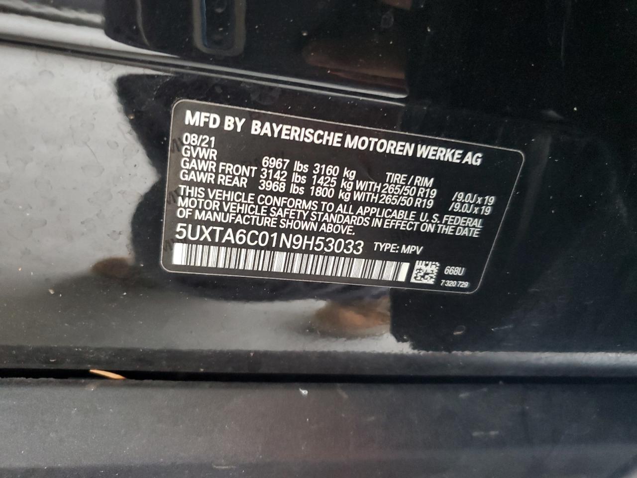 2022 BMW X5 XDRIVE45E VIN:5UXTA6C01N9H53033