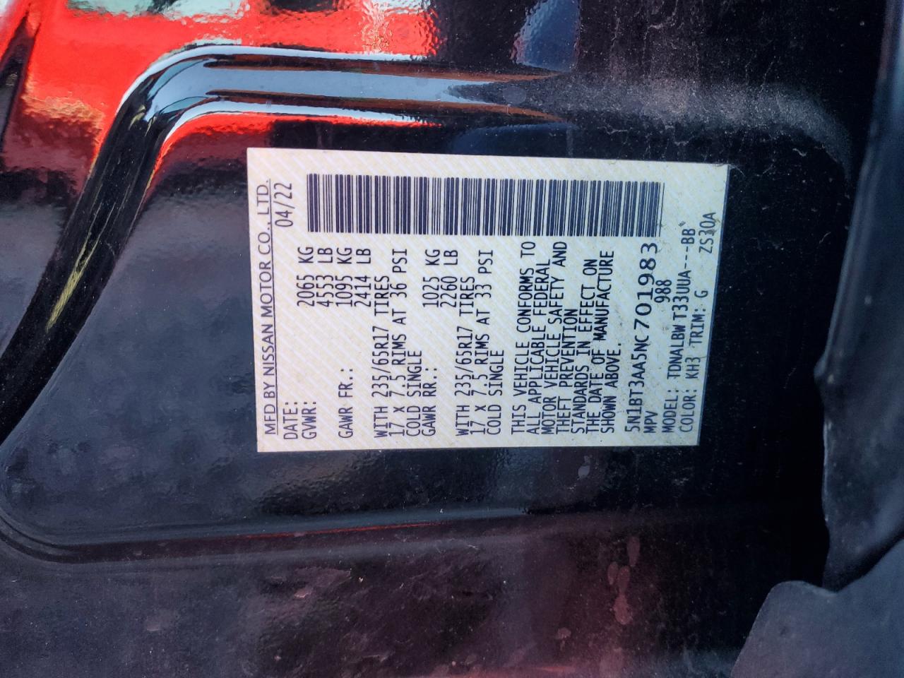 2022 NISSAN ROGUE S VIN:5TDJKRFH3GS500970