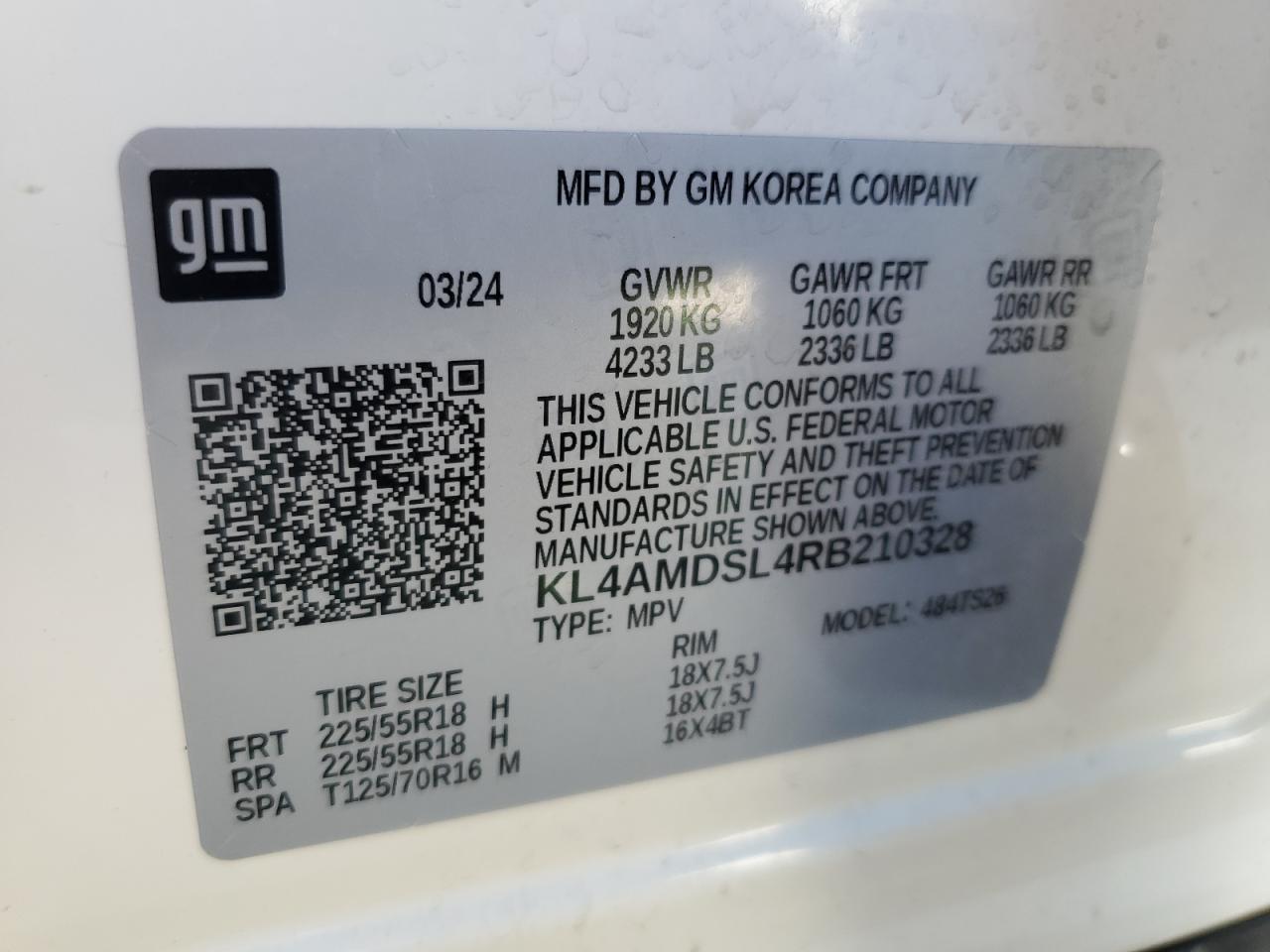 2024 BUICK ENCORE GX SPORT TOURING VIN:KL4AMDSL4RB210328