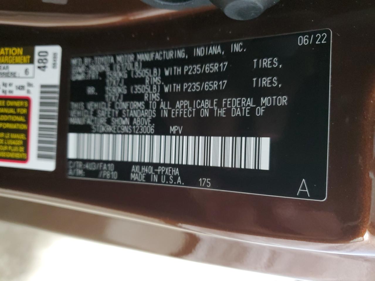 2022 TOYOTA SIENNA LE VIN:5TDKRKEC9NS123006