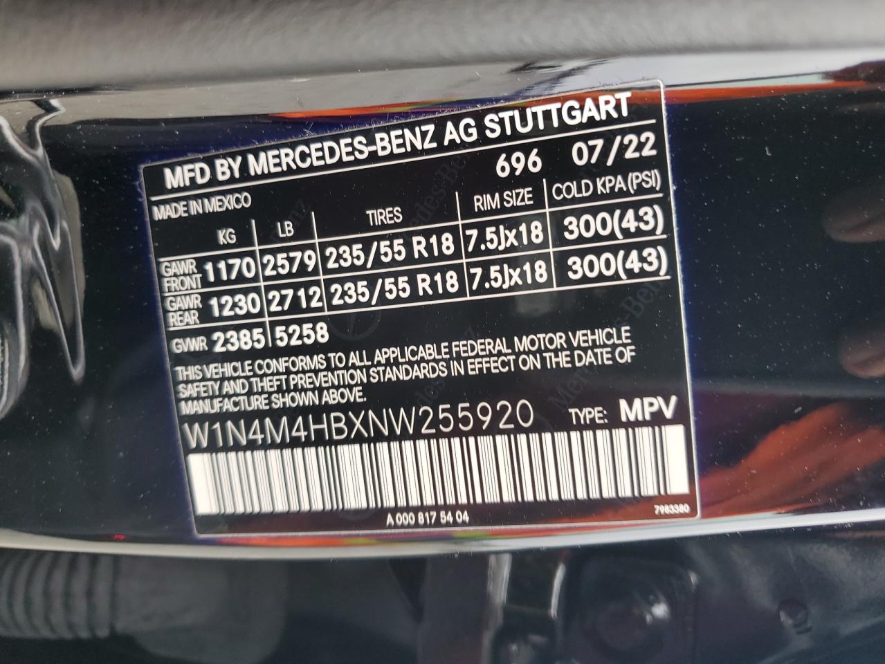 2022 MERCEDES-BENZ GLB 250 4MATIC VIN:W1N4M4HBXNW255920