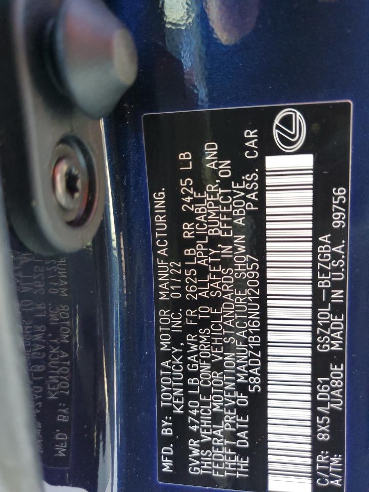 2022 LEXUS ES 350 BASE VIN:58ADZ1B16NU120957