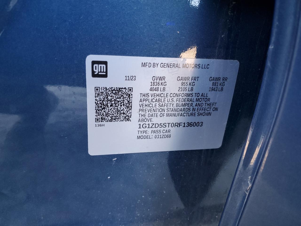 2024 CHEVROLET MALIBU LT VIN:1G1ZD5ST0RF136003