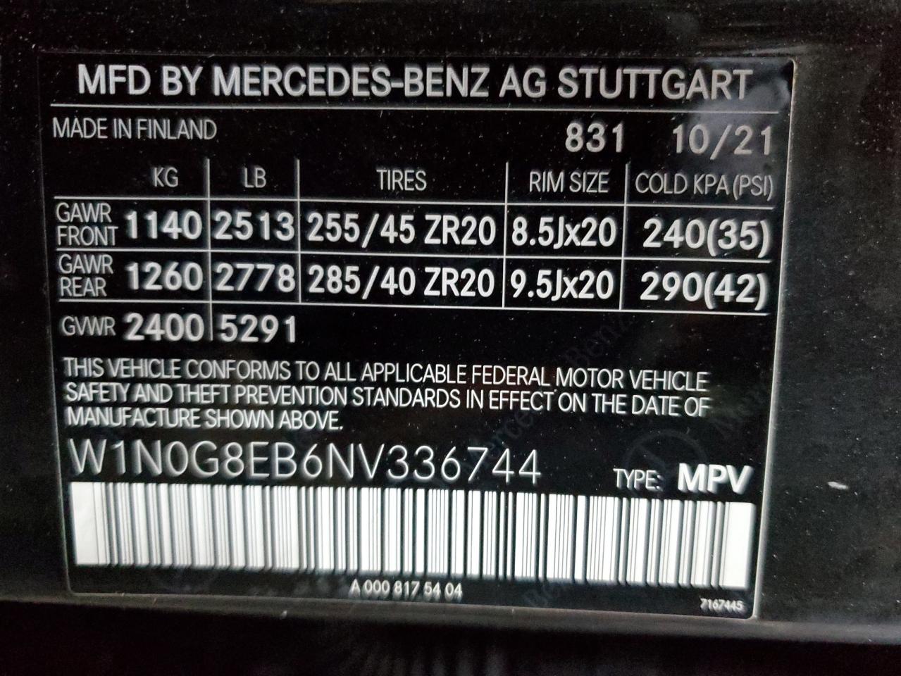 2022 MERCEDES-BENZ GLC 300 4MATIC VIN:W1N0G8EB6NV336744