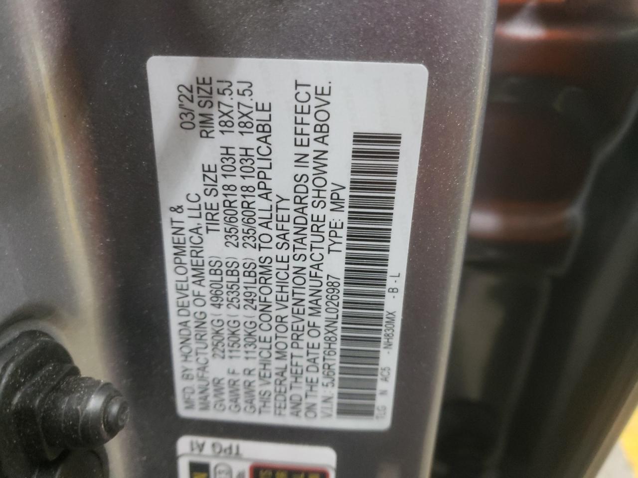 2022 HONDA CR-V EXL VIN:5J6RT6H8XNL026987