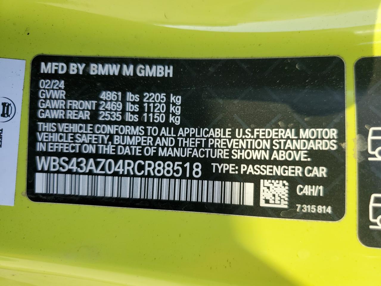 2024 BMW M4 COMPETITION VIN:WBS43AZ04RCR88518