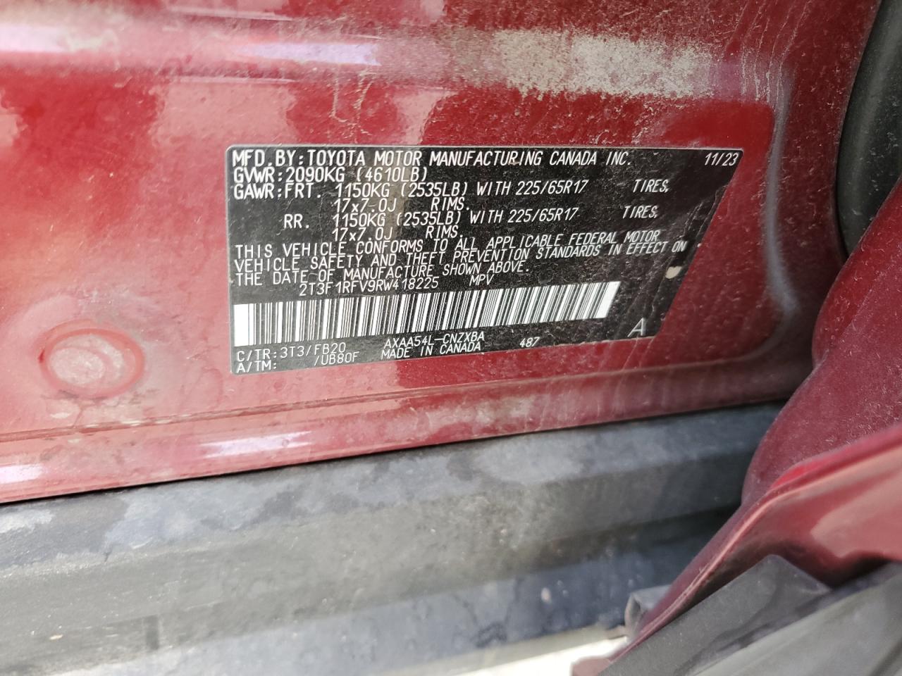 2024 TOYOTA RAV4 LE VIN:2T3F1RFV9RW418225
