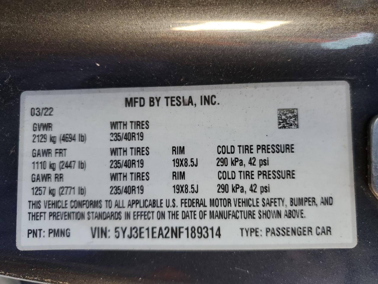 2022 TESLA MODEL 3 VIN:5YJ3E1EA2NF189314