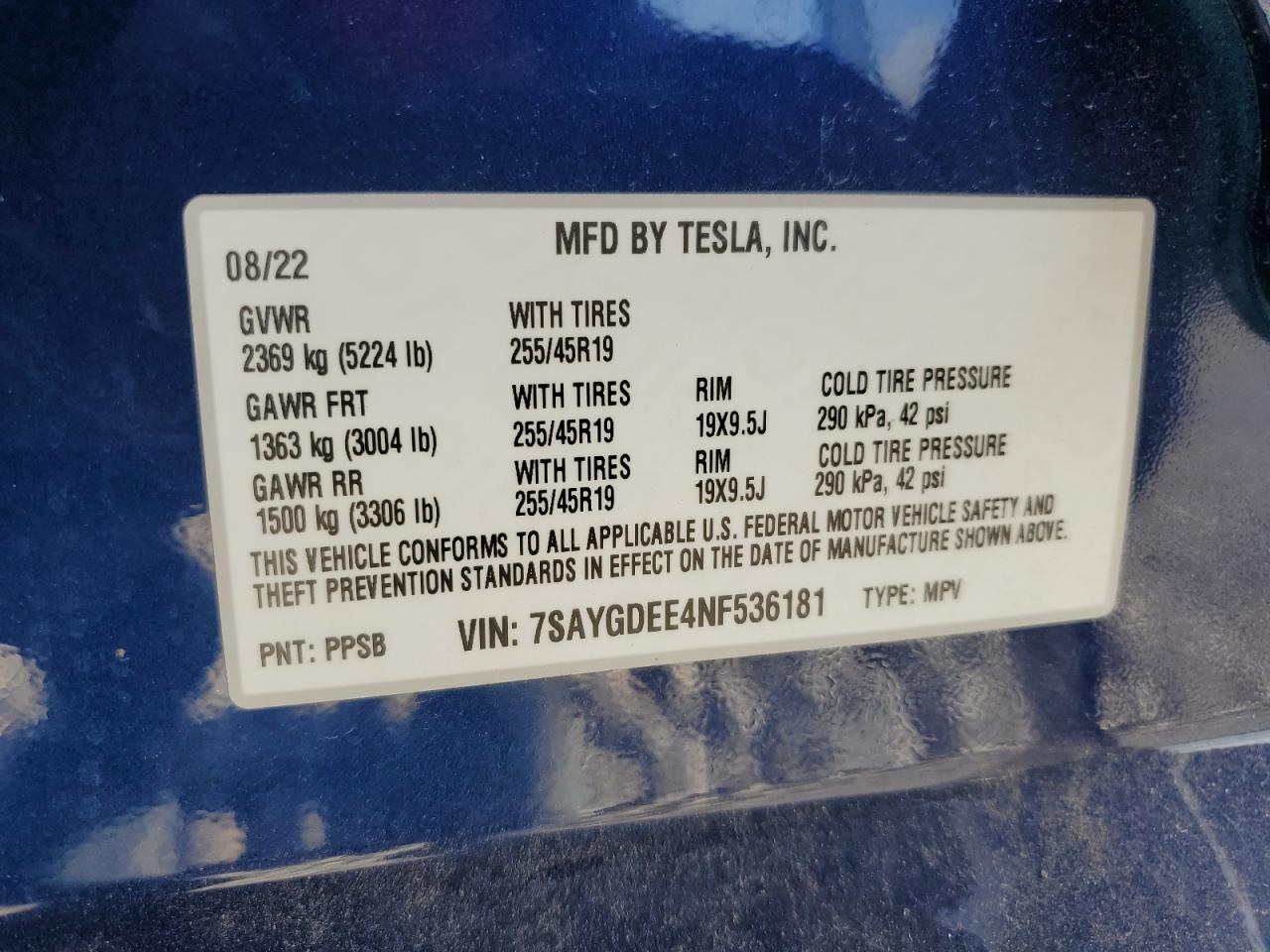 2022 TESLA MODEL Y VIN:7SAYGDEE4NF536181