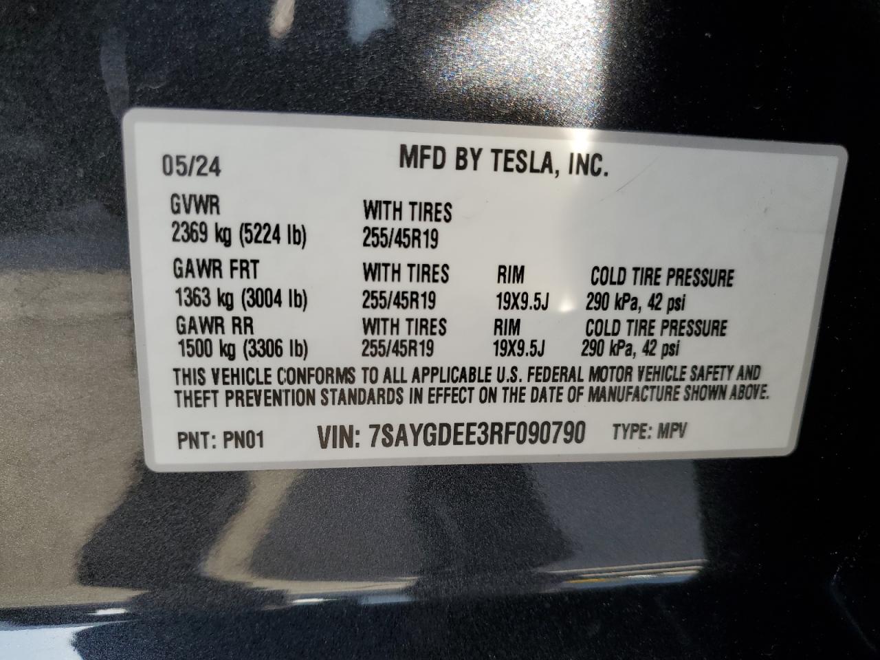 2024 TESLA MODEL Y VIN:7SAYGDEE3RF090790