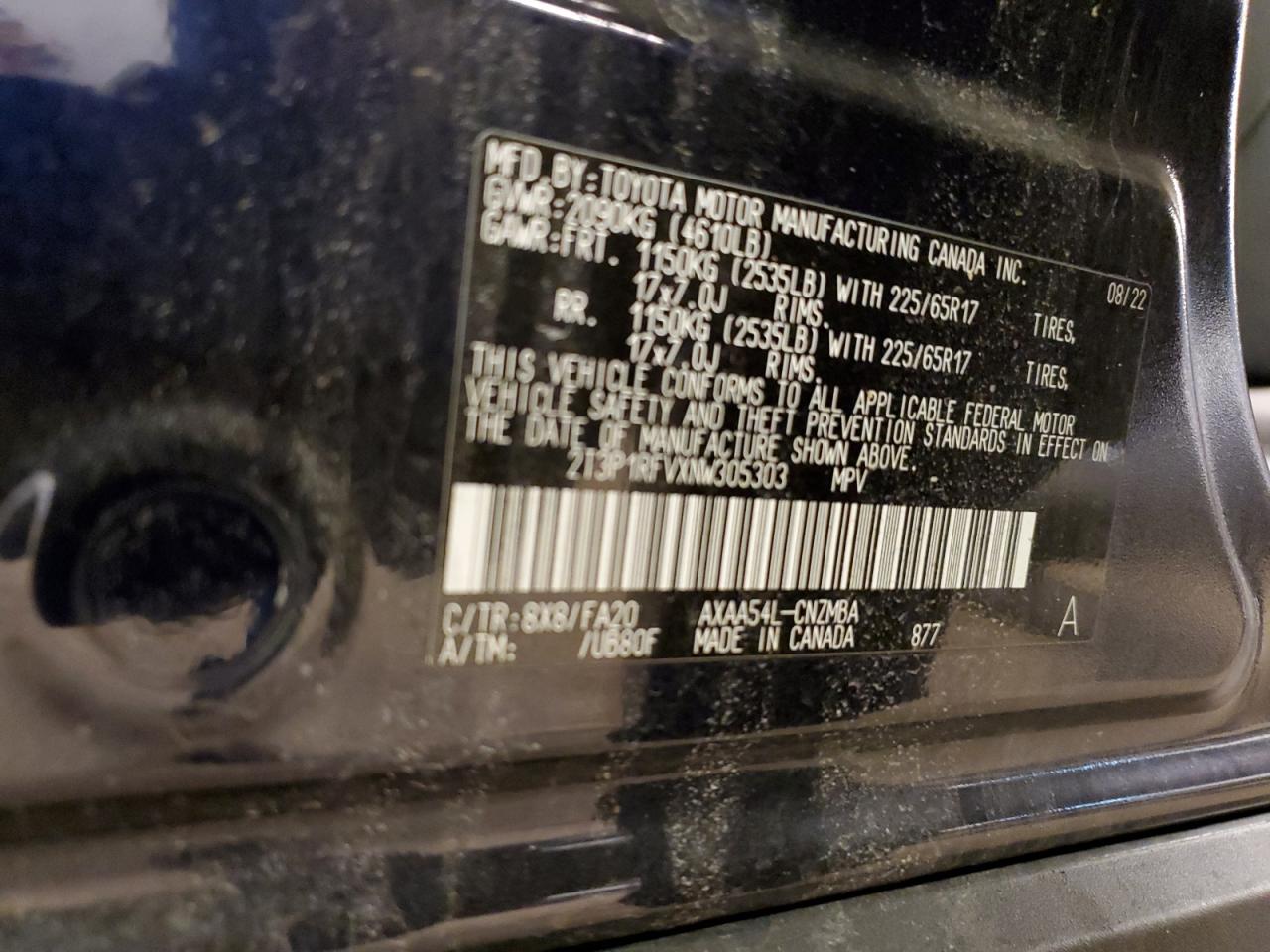 2022 TOYOTA RAV4 XLE VIN:2T3P1RFVXNW305303