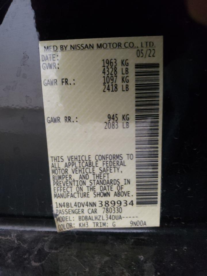 2022 NISSAN ALTIMA SV VIN:1N4BL4DV4NN389934