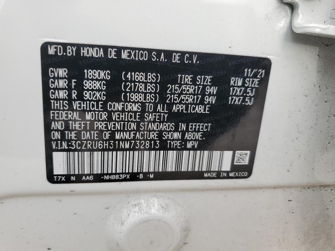 2022 HONDA HR-V LX VIN:3CZRU6H31NM732813