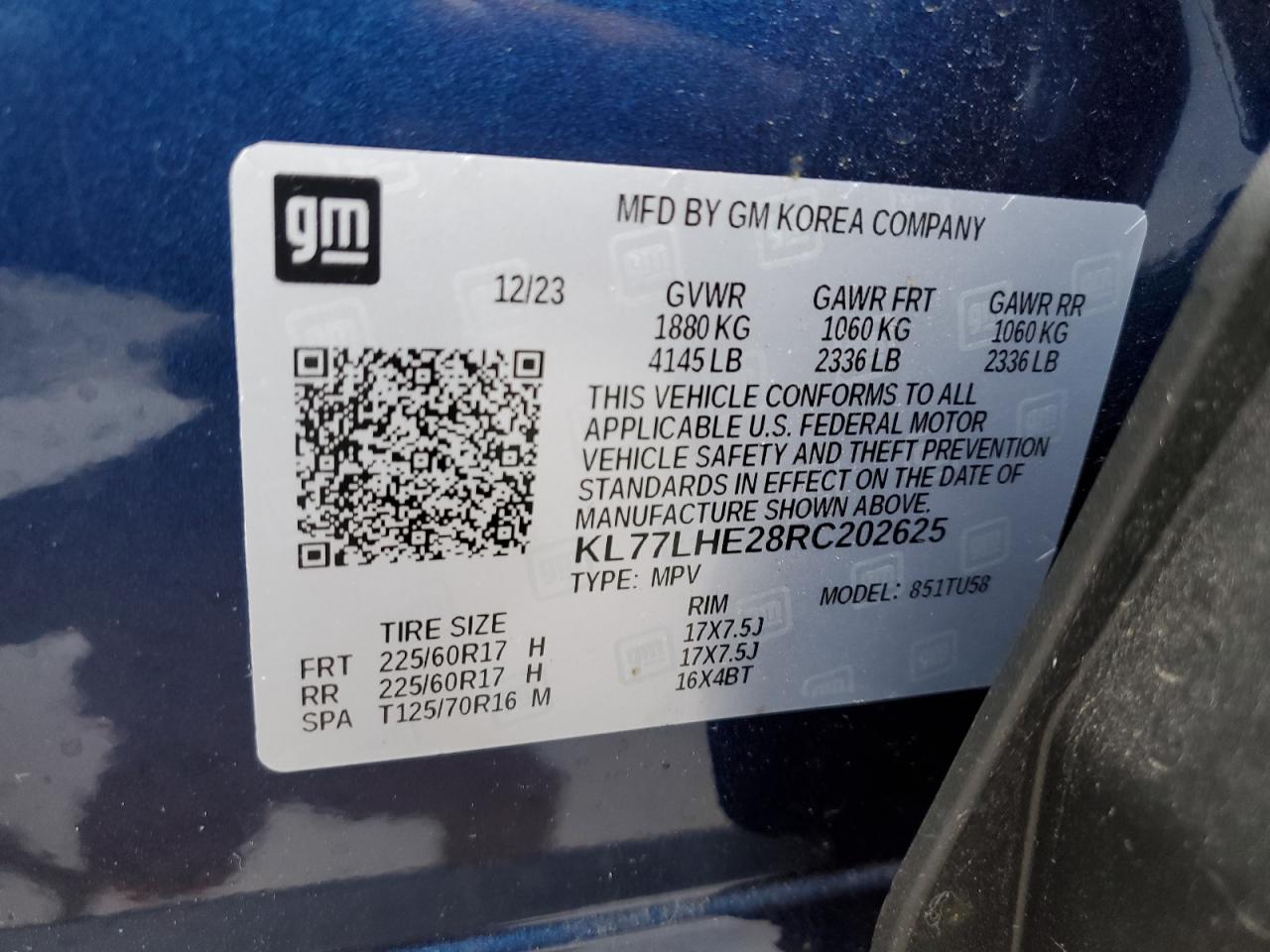 2024 CHEVROLET TRAX 1LT VIN:KL77LHE28RC202625