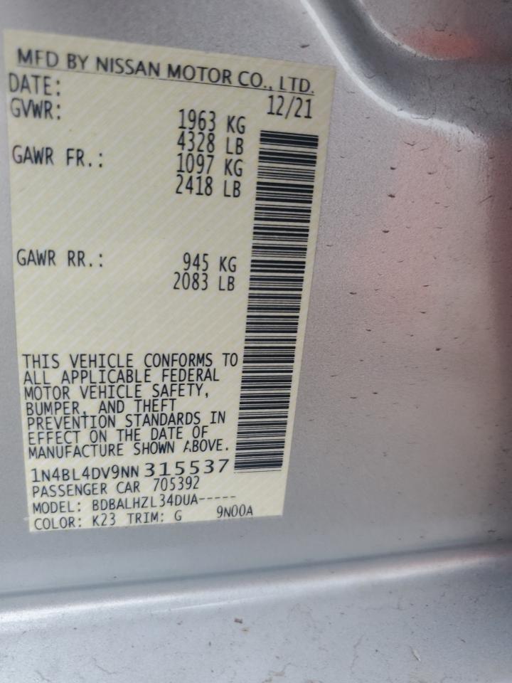 2022 NISSAN ALTIMA SV VIN:1N4BL4DV9NN315537