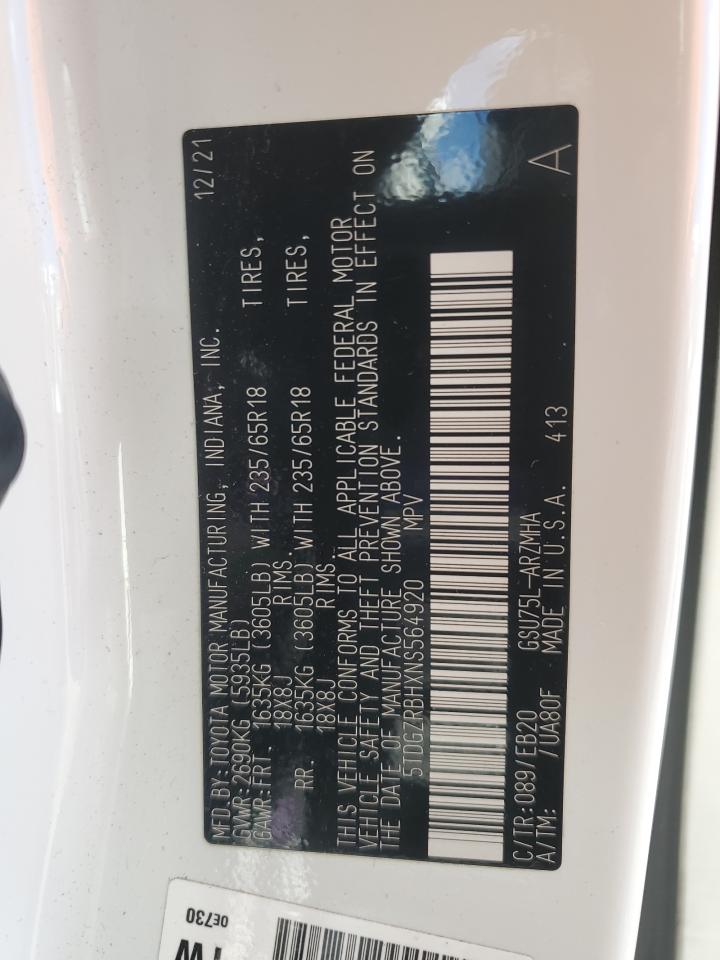 2022 TOYOTA HIGHLANDER XLE VIN:5TDGZRBHXNS564920