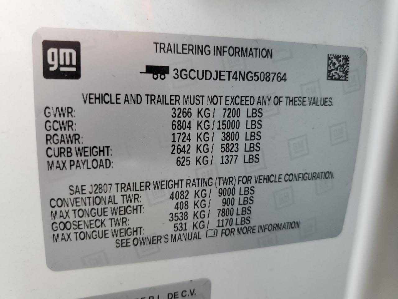 2022 CHEVROLET SILVERADO K1500 HIGH COUNTRY VIN:3GCUDJET4NG508764