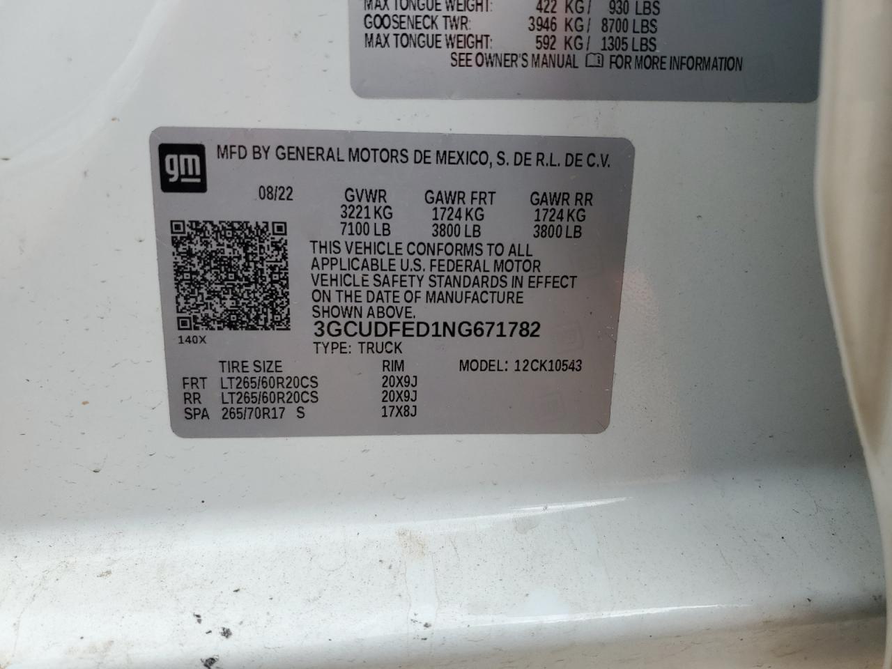 2022 CHEVROLET SILVERADO K1500 LT TRAIL BOSS VIN:3GCUDFED1NG671782