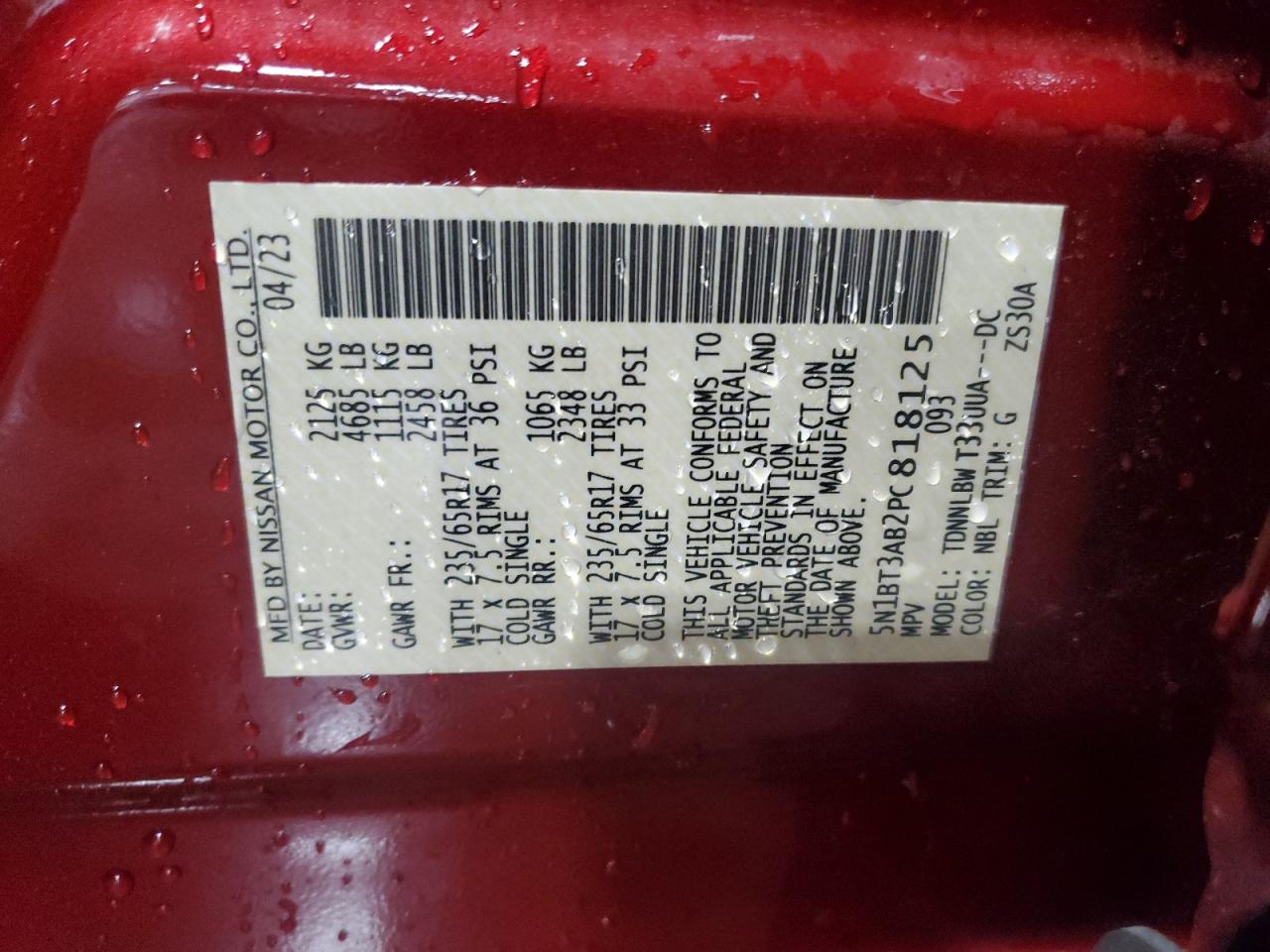 2023 NISSAN ROGUE S VIN:5N1BT3AB2PC818125