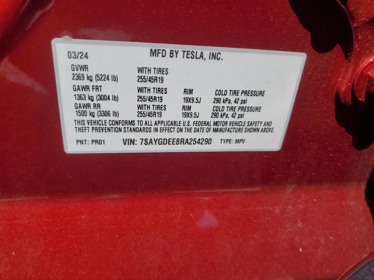 2024 TESLA MODEL Y VIN:7SAYGDEE8RA254290