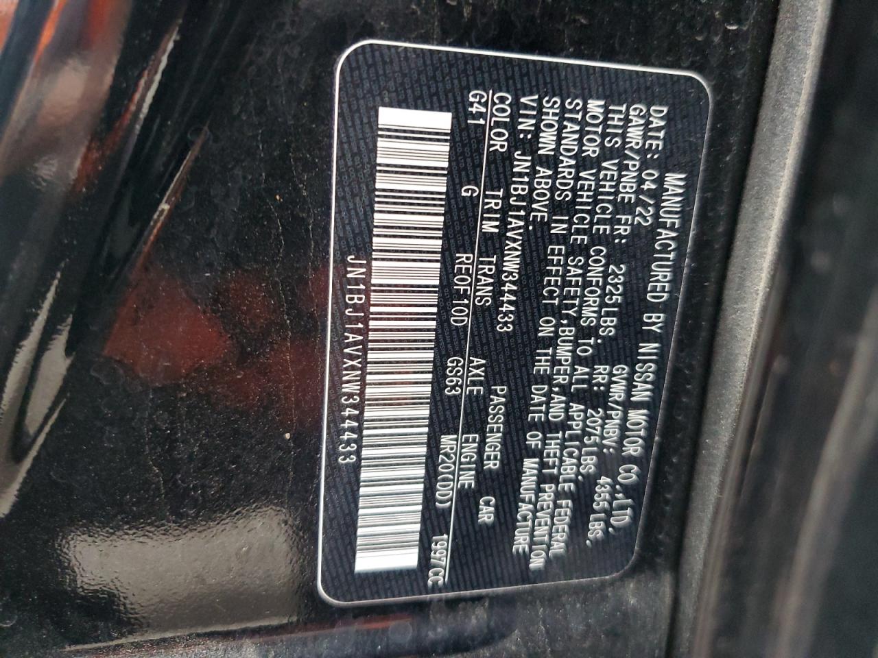 2022 NISSAN ROGUE SPORT S VIN:JN1BJ1AVXNW344433