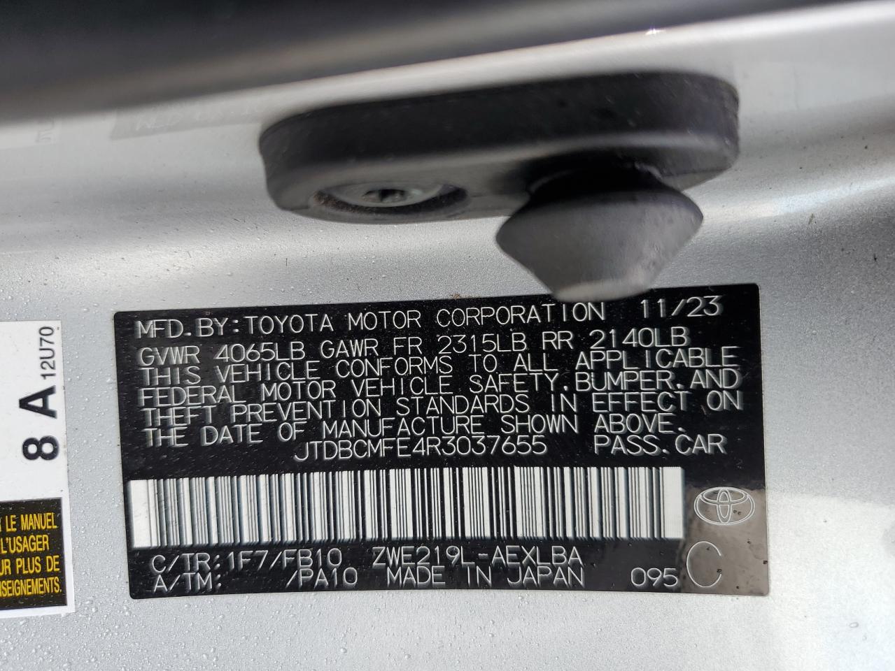 2024 TOYOTA COROLLA LE VIN:JTDBCMFE4R3037655