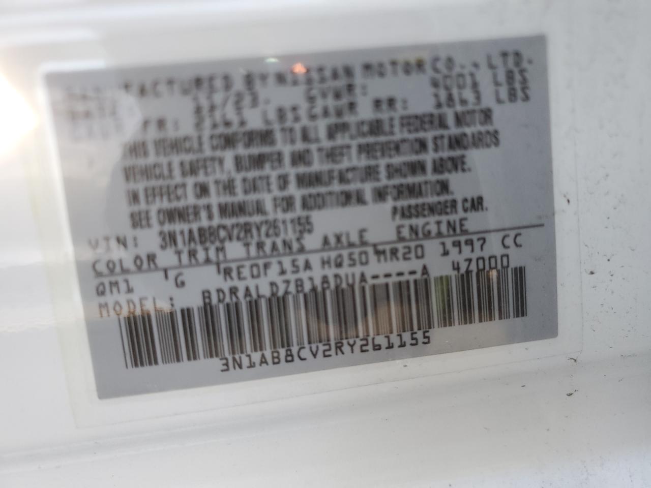 2024 NISSAN SENTRA SV VIN:3N1AB8CV2RY261155