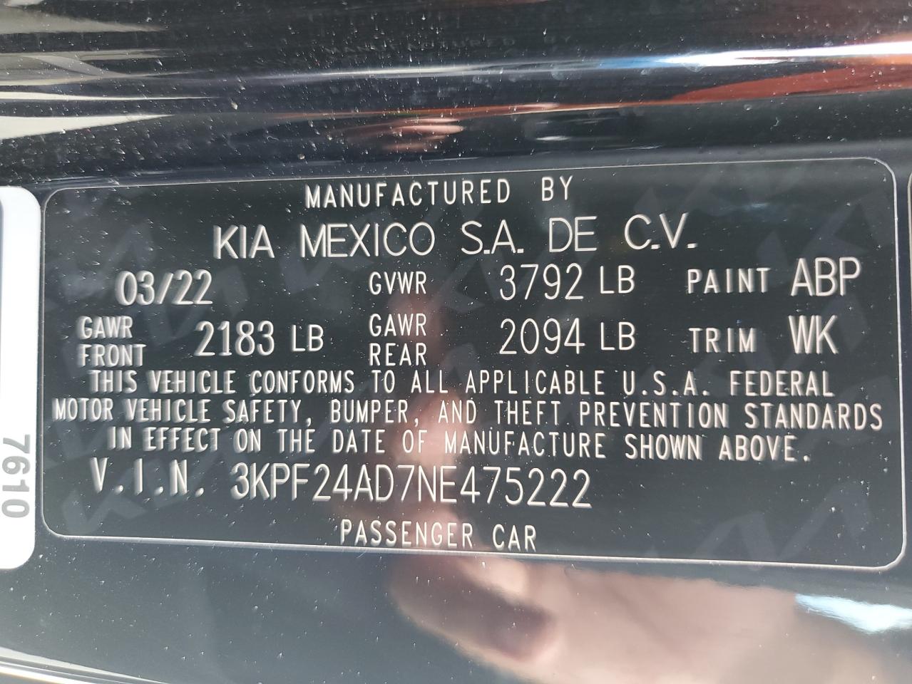 2022 KIA FORTE FE VIN:3KPF24AD7NE475222