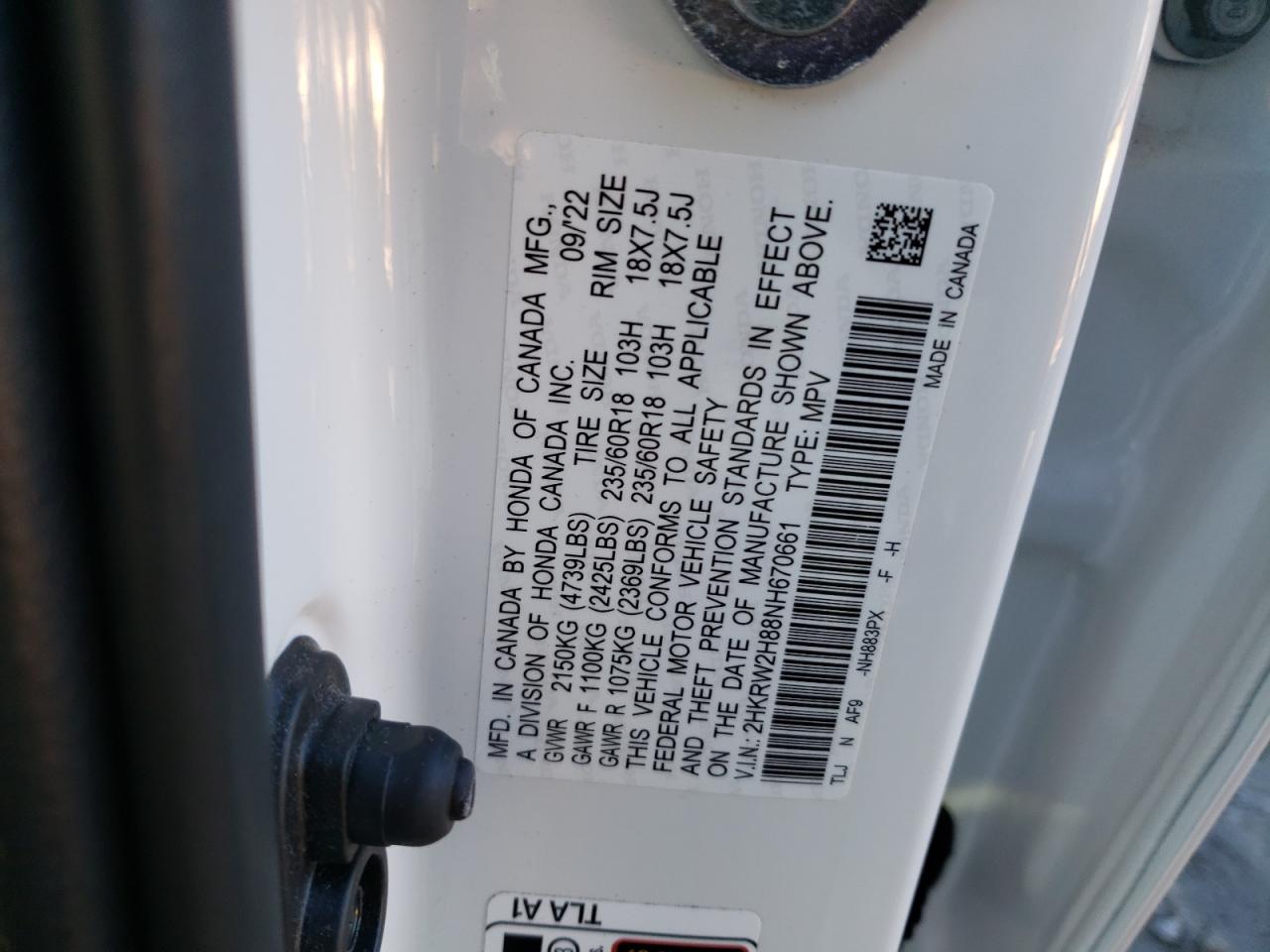 2022 HONDA CR-V EXL VIN:2HKRW2H88NH670661