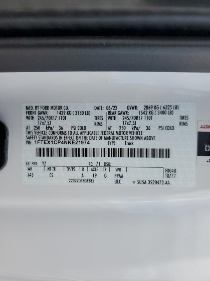 2022 FORD F150 SUPER CAB VIN:1FTEX1CP4NKE21974