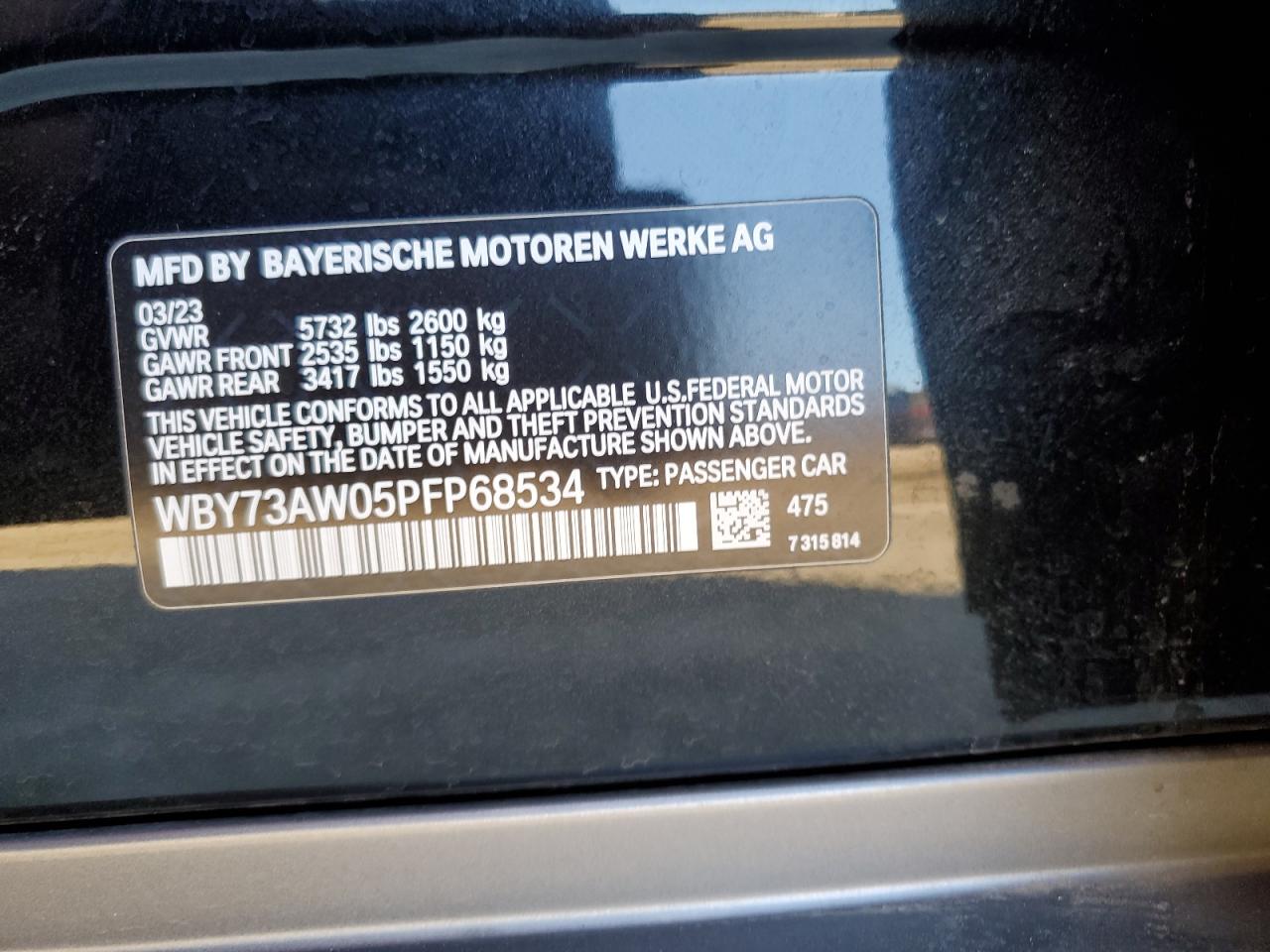 2023 BMW I4 EDRIVE 40 VIN:WBY73AW05PFP68534