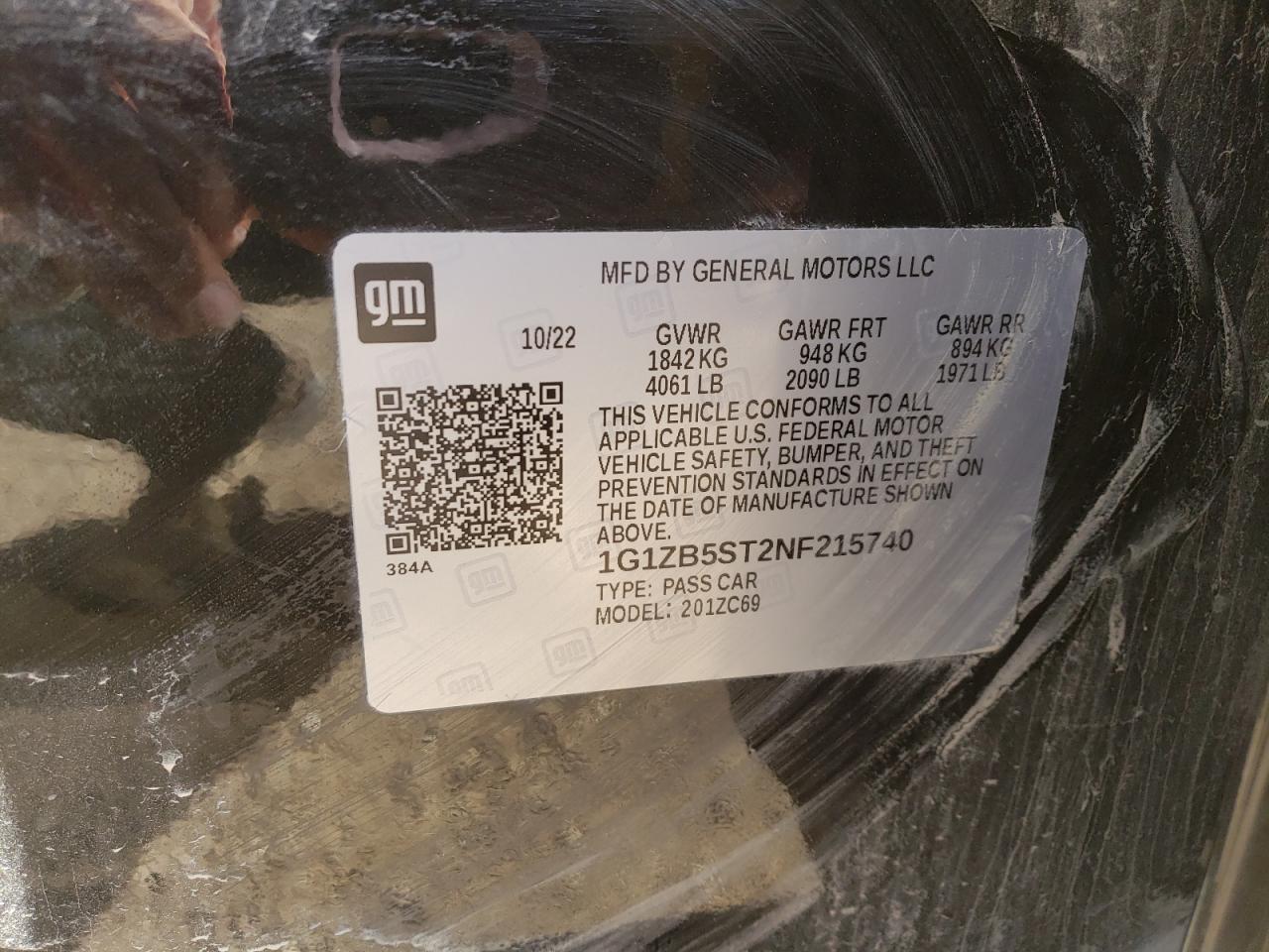 2022 CHEVROLET MALIBU LS VIN:1G1ZB5ST2NF215740