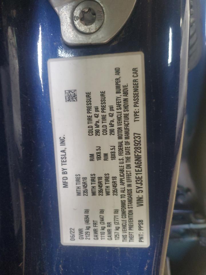 2022 TESLA MODEL 3 VIN:5YJ3E1EA6NF289237