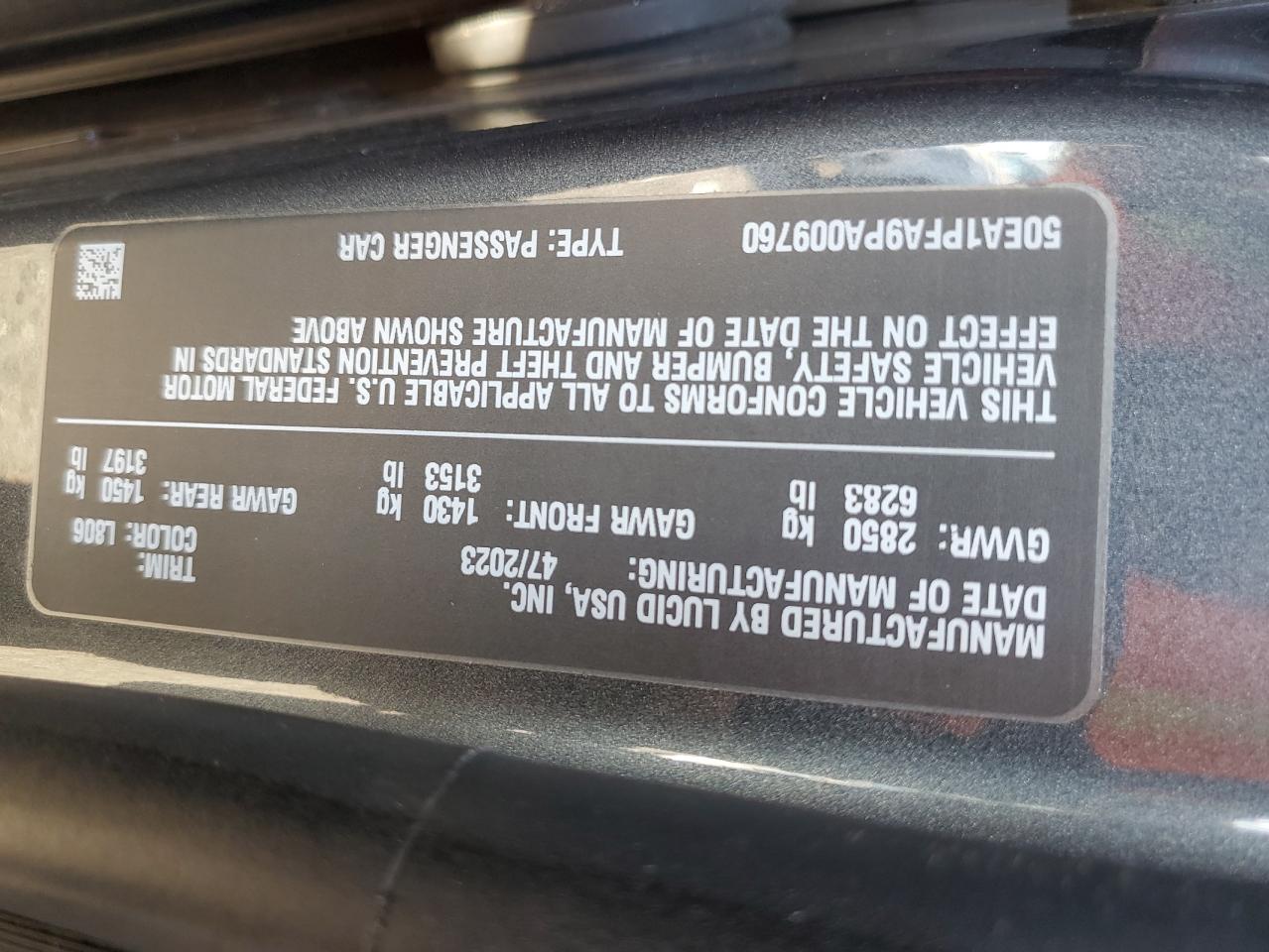 2023 LUCID MOTORS AIR PURE VIN:50EA1PFA9PA009760