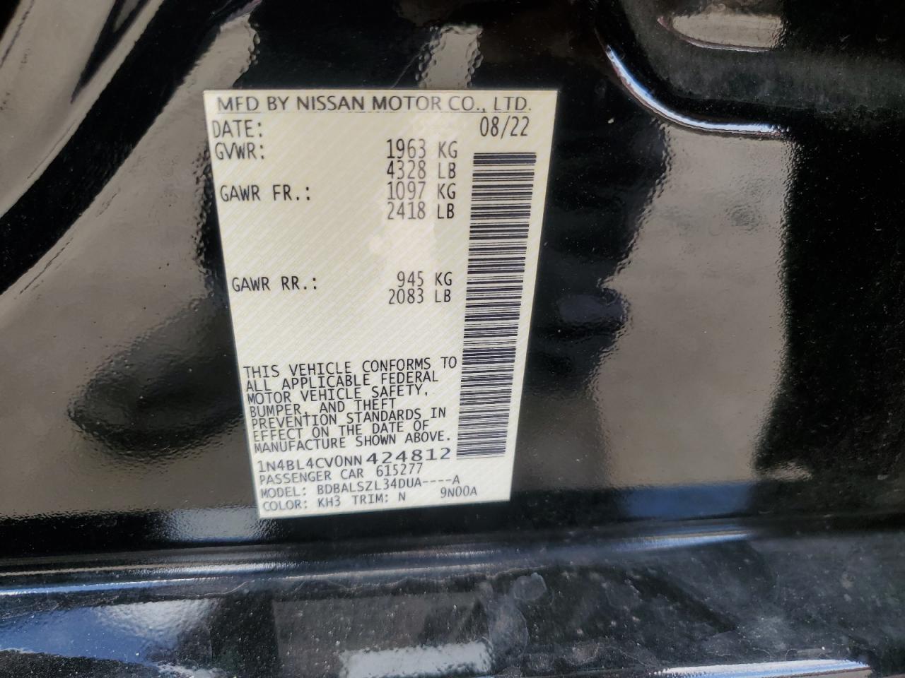 2022 NISSAN ALTIMA SR VIN:1N4BL4CV0NN424812
